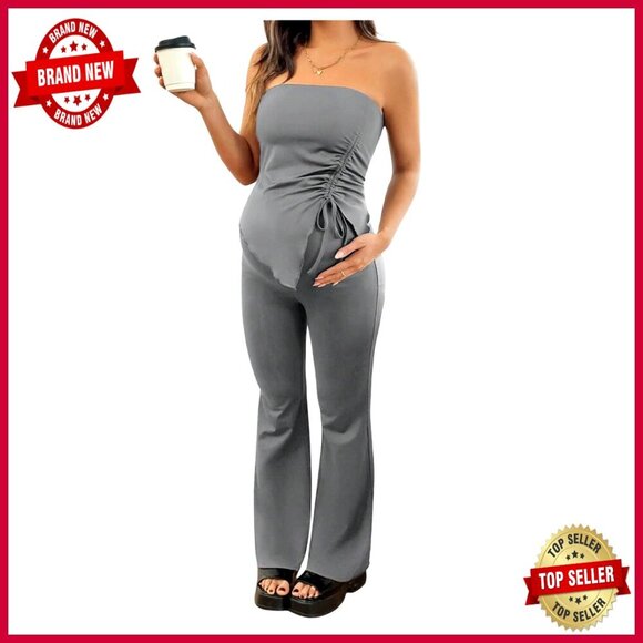 Pants - Maternity Two-Piece Set with Ruched Tube Top and Flared Pants